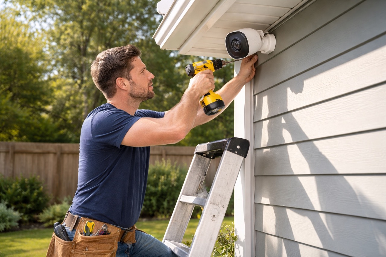 mies asentaa kameraa kodin seinään