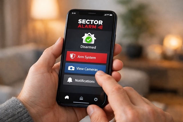 miehella puhelin kädessä ja näytöllä sector alarm mobiilisovellus