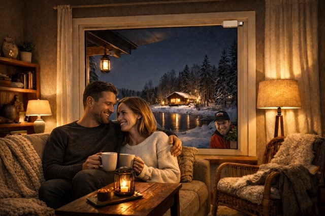 nainen ja mies sohvalla, ikkunan takana sector alarmin myyjä